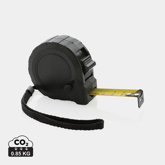 XD Collection RCS recycled plastic 5M/19mm tape with stop button, a versatile tool for measuring and cutting tasks.