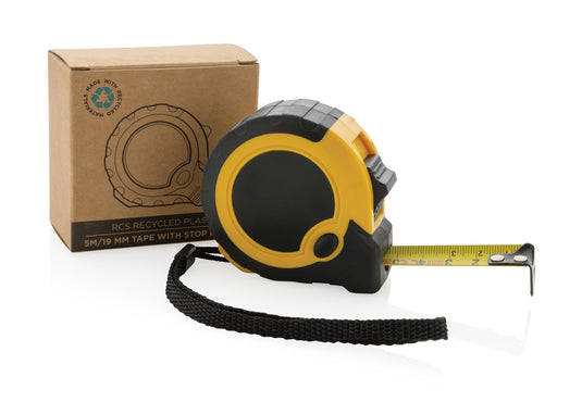 XD Collection RCS recycled plastic 5M/19mm tape measure with stop button, tool for precise measuring and durability.