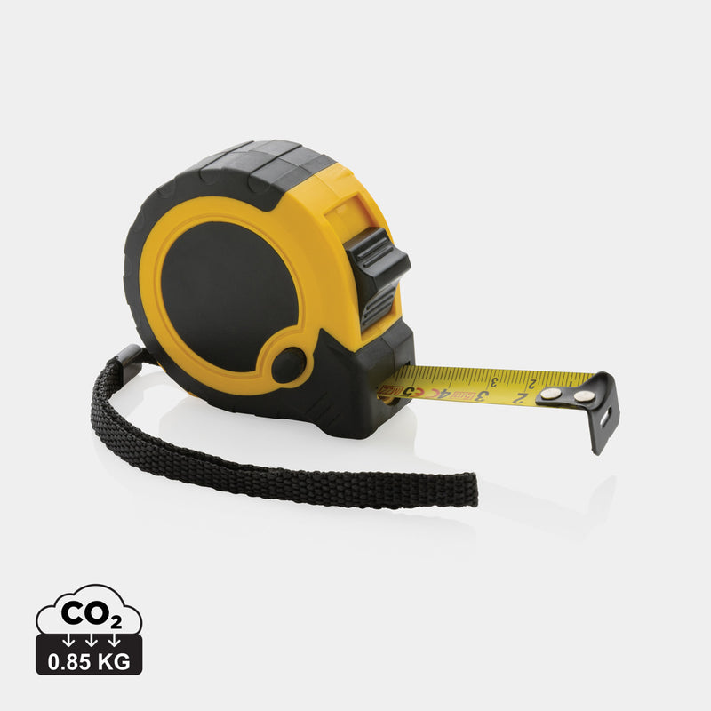 Load image into Gallery viewer, XD Collection RCS recycled plastic 5M/19mm tape measure with stop button, tool and torch accessory, in a close-up view
