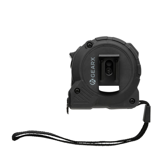 Gear X 5M measuring tape with slow/fast retract function, durable tools and torches, shown extended with tape reel and grip.