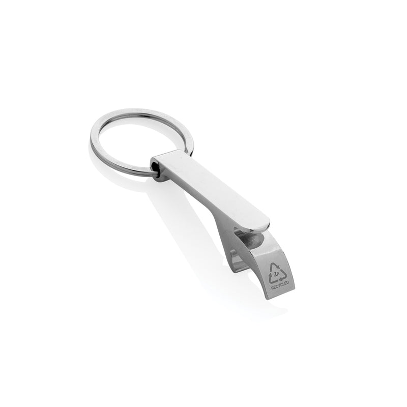Load image into Gallery viewer, Recycled zinc alloy bottle opener keychain from XD Collection, featuring a durable design with a convenient keyring attachment.
