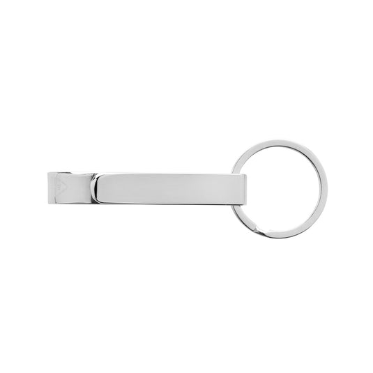 XD Collection recycled zinc alloy bottle opener keychain attached to a lanyard with a sleek design and metal finish.