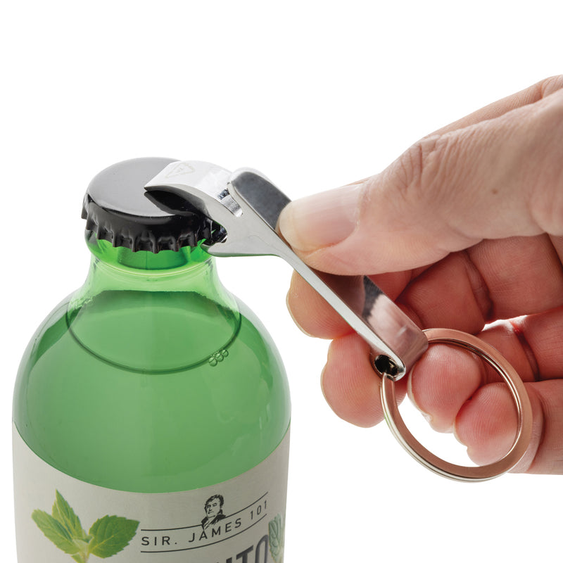 Load image into Gallery viewer, XD Collection recycled zinc alloy bottle opener keychain attached to a lanyard, showcasing its durable design and eco-friendly materials.
