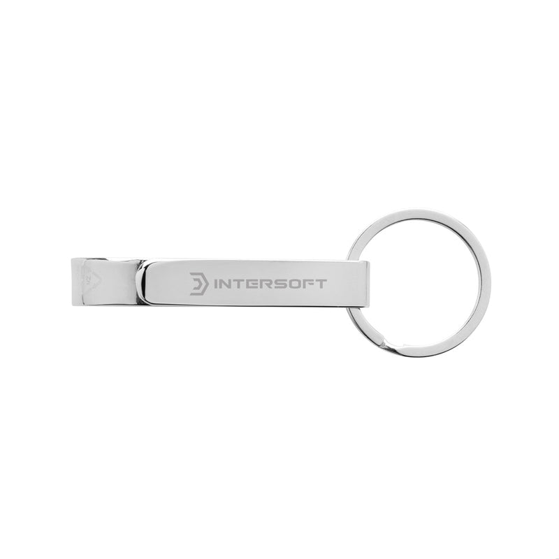 Load image into Gallery viewer, Recycled zinc alloy bottle opener keychain from XD Collection attached to a lanyard, featuring a sleek, durable design.
