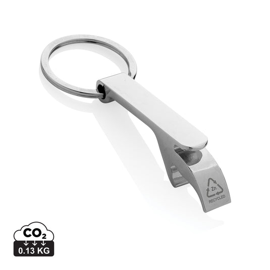 XD Collection recycled zinc alloy bottle opener keychain attached to a lanyard, featuring a sleek, durable design with branded logo.