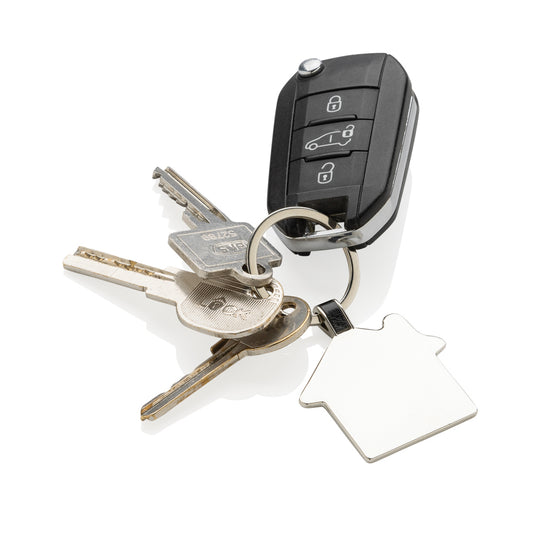 Recycled zinc alloy house keyring by XD Collection attached to a lanyard, featuring a sleek, durable design for keys and accessories.