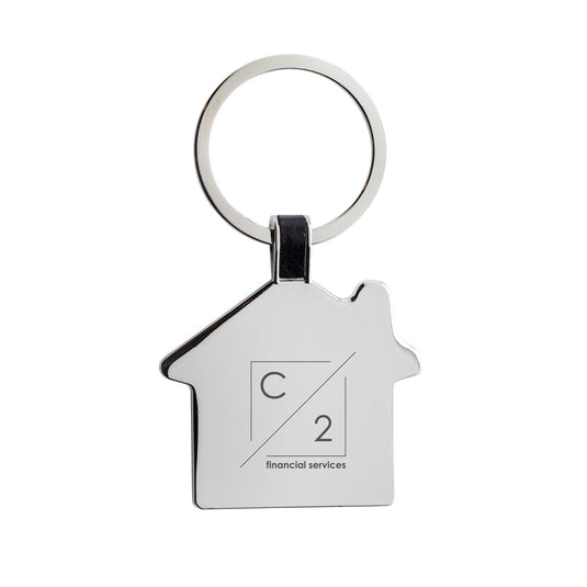 Recycled zinc alloy house keyring from XD Collection on a lanyard, featuring a durable, eco-friendly design with the brand logo.