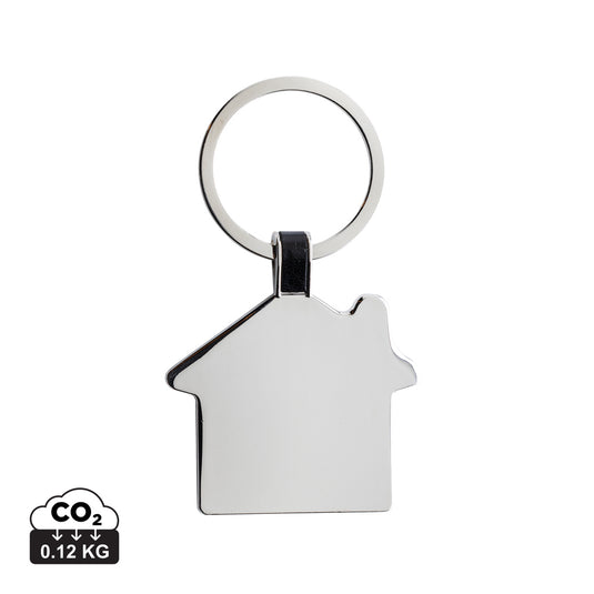 Recycled zinc alloy house keyring from XD Collection on a lanyard, featuring a durable, eco-friendly keychain design.