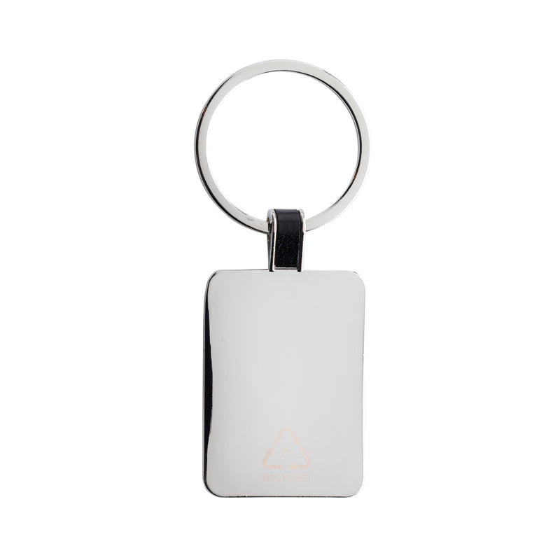 Load image into Gallery viewer, Recycled zinc alloy rectangle keyring from XD Collection attached to a lanyard, showcasing sleek metal design and eco-friendly craftsmanship.
