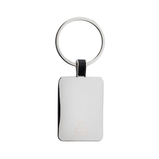 Recycled zinc alloy rectangle keyring from XD Collection attached to a lanyard, showcasing sleek metal design and eco-friendly craftsmanship.