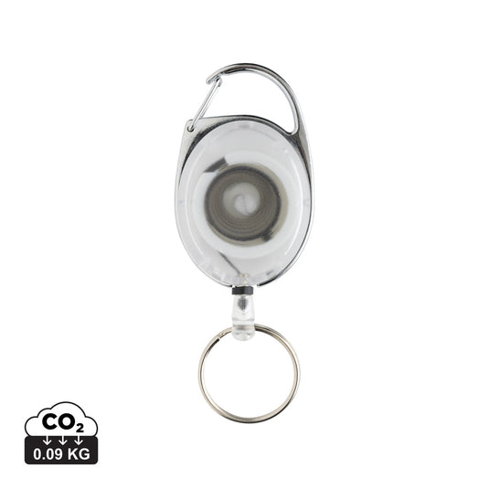 Recycled ABS roller clip keychain from XD Collection with lanyard, featuring durable, eco-friendly material and secure clip attachment.
