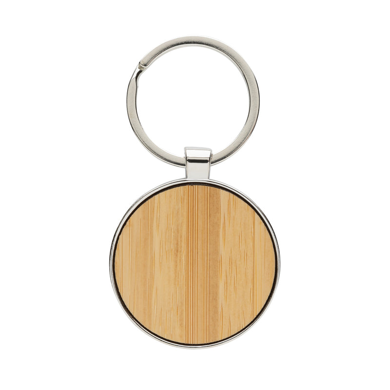 Load image into Gallery viewer, RCS recycled zinc alloy round keychain with bamboo - Custom Wood Designs
