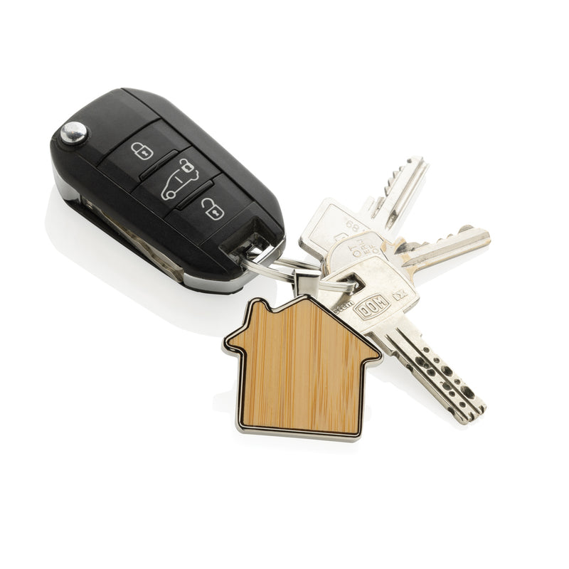 Load image into Gallery viewer, RCS recycled zinc alloy house keychain with bamboo - Custom Wood Designs
