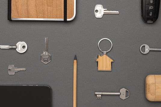 RCS recycled zinc alloy house keychain with bamboo - Custom Wood Designs