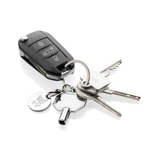 Recycled zinc alloy radiator keychain with coin from XD Collection, featuring a sturdy metal keyring and detailed design.