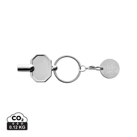RCS recycled zinc alloy radiator key keychain with coin, XD Collection lanyard accessory, featuring a durable metal design and coin detail.