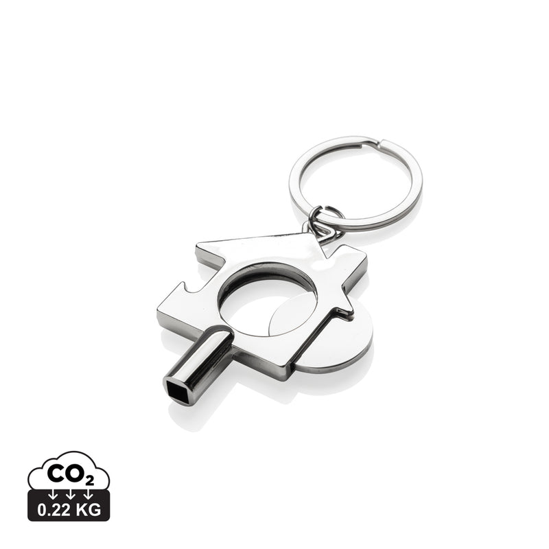 Load image into Gallery viewer, XD Collection RCS recycled zinc alloy 3-in-1 keychain attached to a lanyard, featuring multiple key rings and a sleek design.
