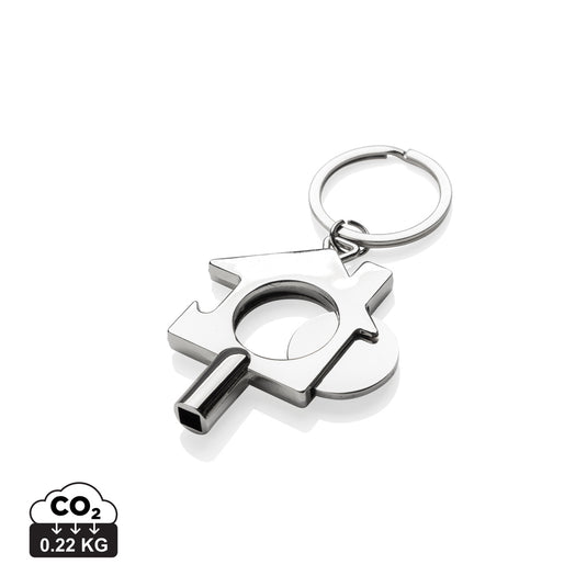 XD Collection RCS recycled zinc alloy 3-in-1 keychain attached to a lanyard, featuring multiple key rings and a sleek design.