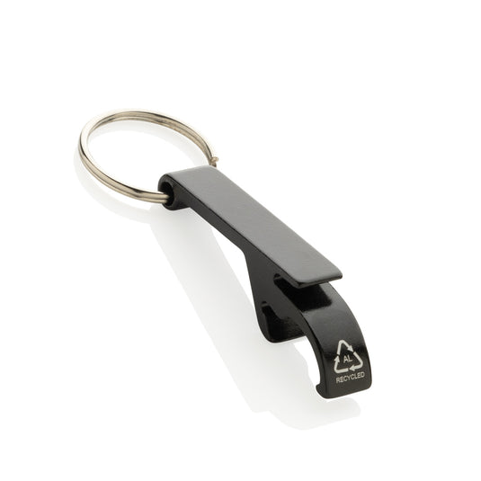 Recycled aluminum bottle and can opener attached to a XD Collection lanyard, designed for keychains and outdoor use.