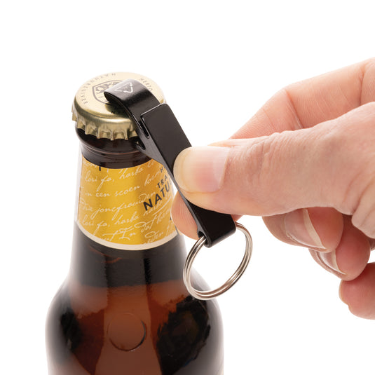 XD Collection RCS recycled aluminum bottle and can opener attached to a keychain, with lanyard featuring the branded tag.