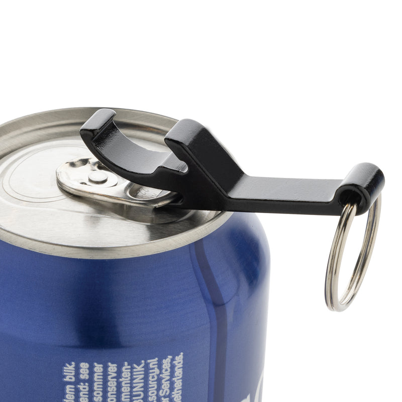 Load image into Gallery viewer, RCS recycled aluminum bottle and can opener attached to XD Collection lanyard, shown with keychain and keyring.
