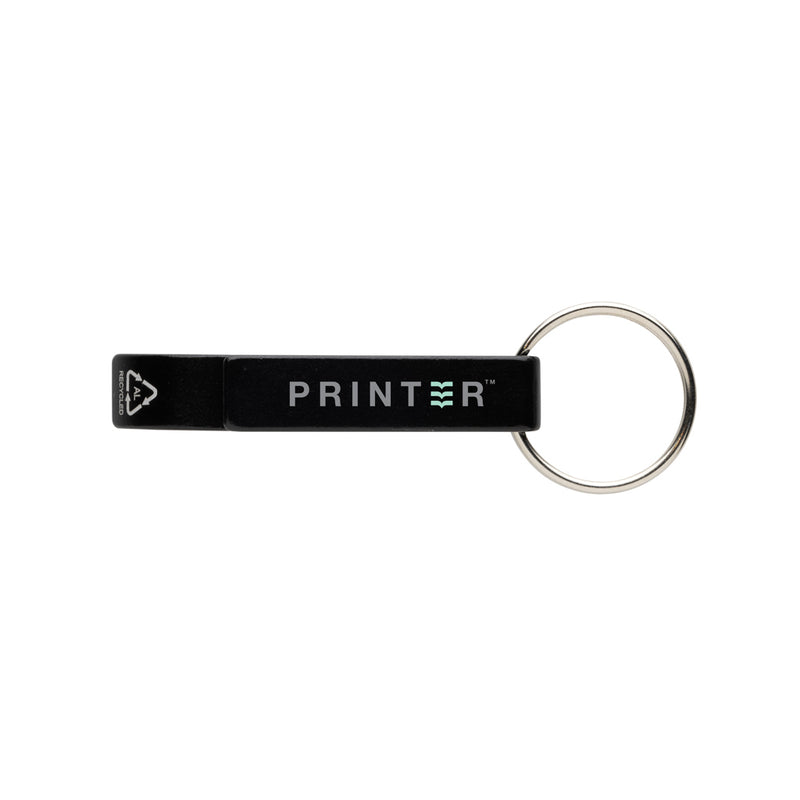 Load image into Gallery viewer, Recycled aluminum bottle and can opener attached to XD Collection lanyard, featuring a sleek design and durable keychain accessory.
