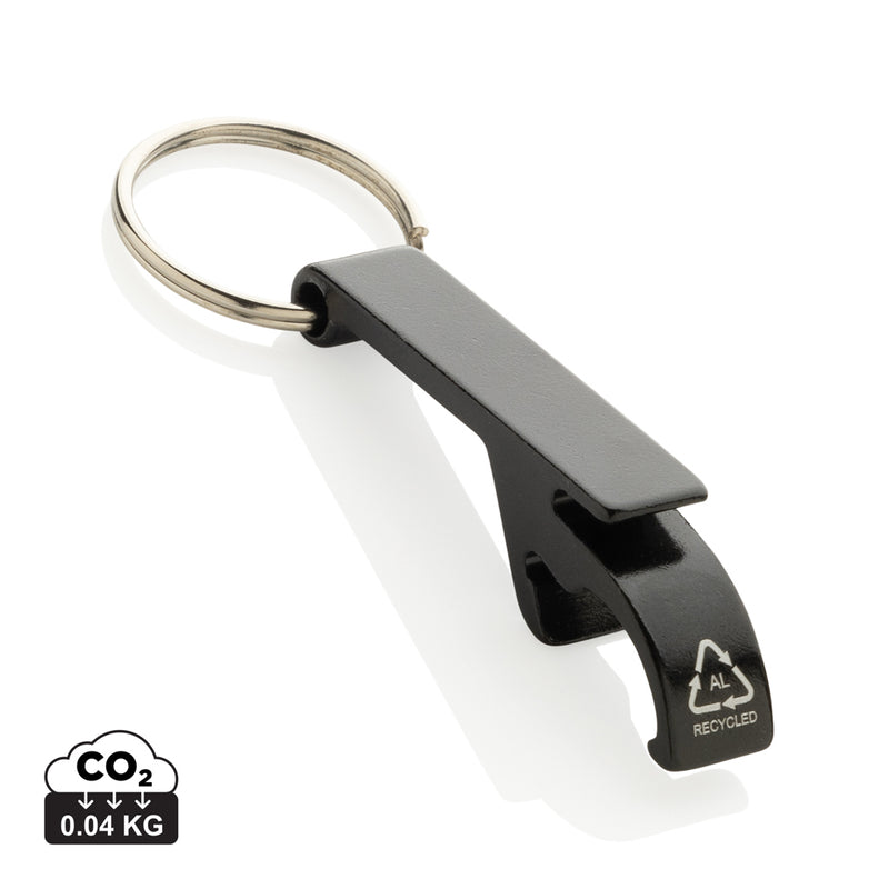 Load image into Gallery viewer, Recycled aluminum bottle and can opener attached to XD Collection lanyard, showcasing eco-friendly design and durable metal construction.
