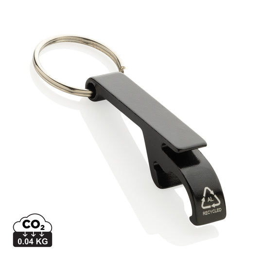 Recycled aluminum bottle and can opener attached to XD Collection lanyard, showcasing eco-friendly design and durable metal construction.