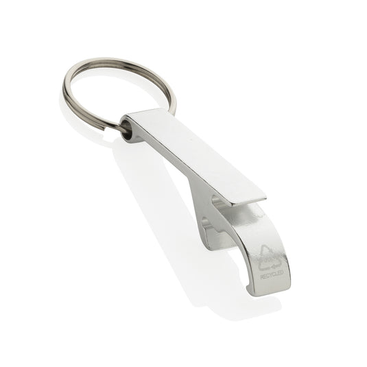 XD Collection RCS recycled aluminum bottle and can opener attached to a lanyard, with a sleek metallic finish and ergonomic design.