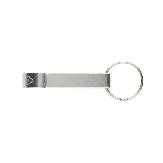 RCS recycled aluminum bottle and can opener attached to XD Collection lanyard, showcasing eco-friendly design and durable metal construction.