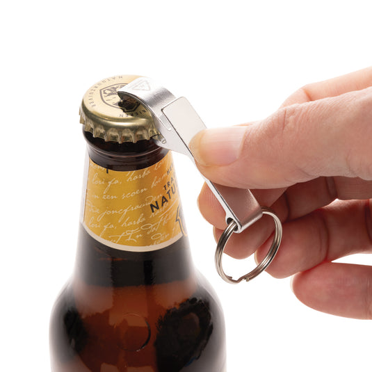 XD Collection RCS recycled aluminum bottle and can opener attached to a lanyard, showcasing eco-friendly design and durable construction.