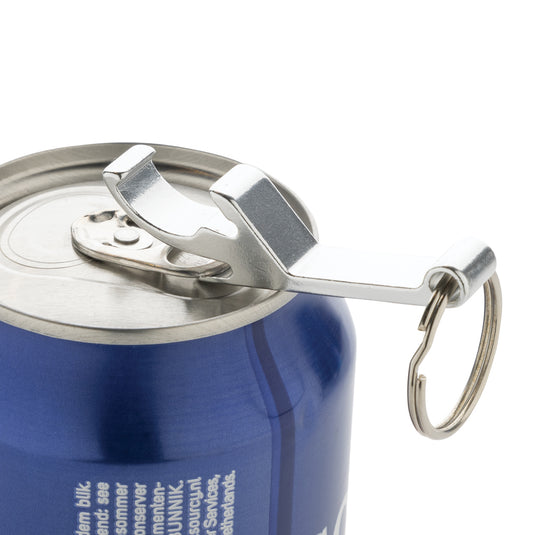 XD Collection RCS recycled aluminum bottle and can opener attached to a keychain with a lanyard, showcasing eco-friendly design.
