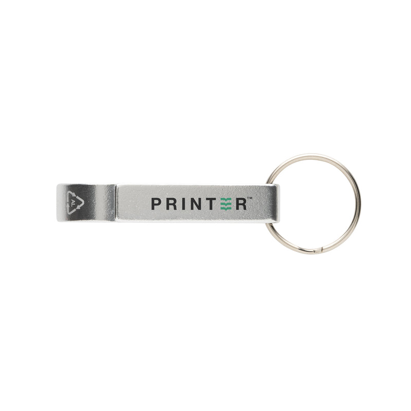 Load image into Gallery viewer, XD Collection RCS recycled aluminum bottle and can opener attached to a lanyard, showcasing eco-friendly design and durable metal construction.

