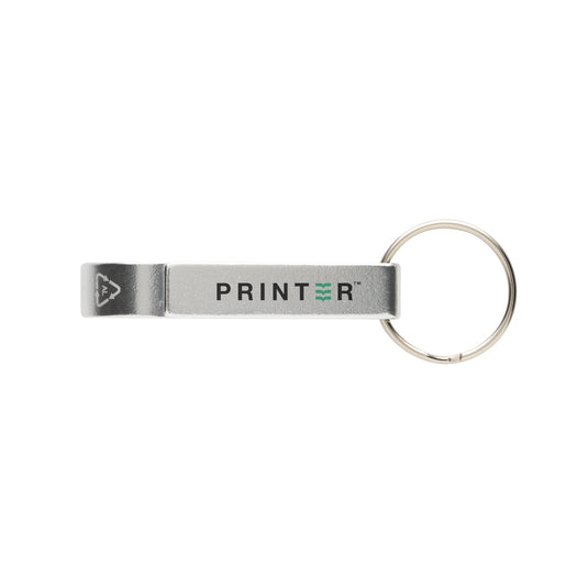 XD Collection RCS recycled aluminum bottle and can opener attached to a lanyard, showcasing eco-friendly design and durable metal construction.