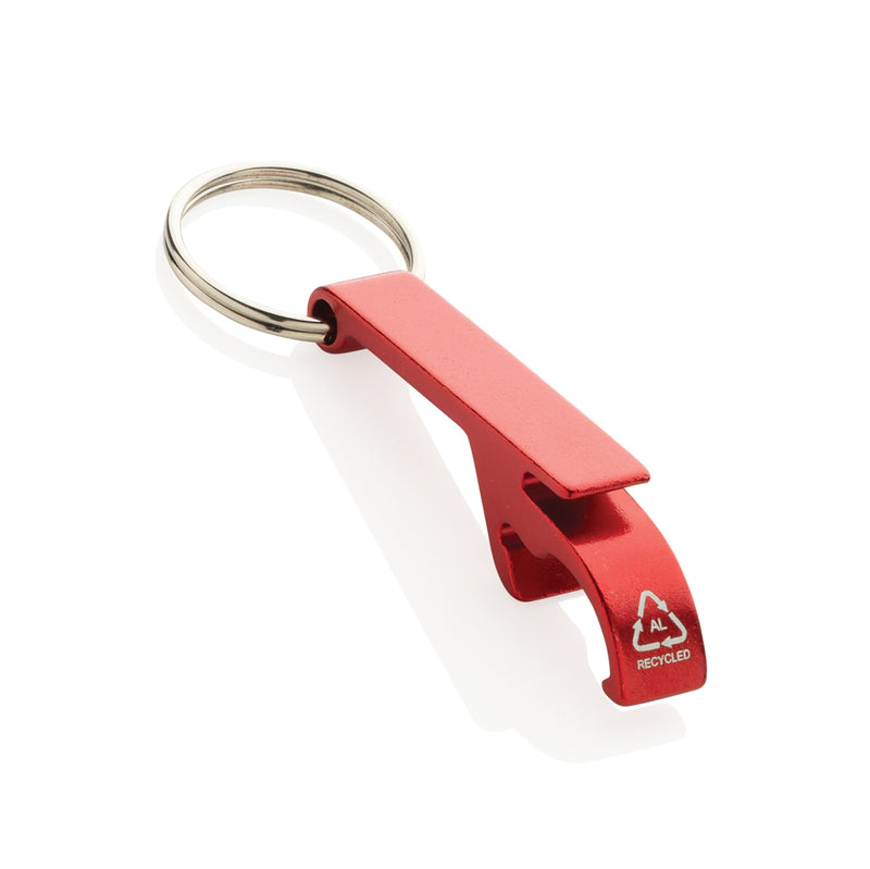 Load image into Gallery viewer, XD Collection RCS recycled aluminum bottle and can opener attached to a lanyard, showcasing eco-friendly design and durable metal construction.
