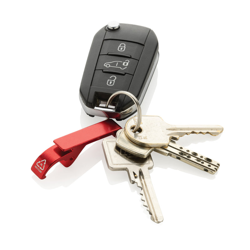 Load image into Gallery viewer, RCS recycled aluminum bottle and can opener attached to XD Collection lanyard, showcasing eco-friendly keychain accessory.
