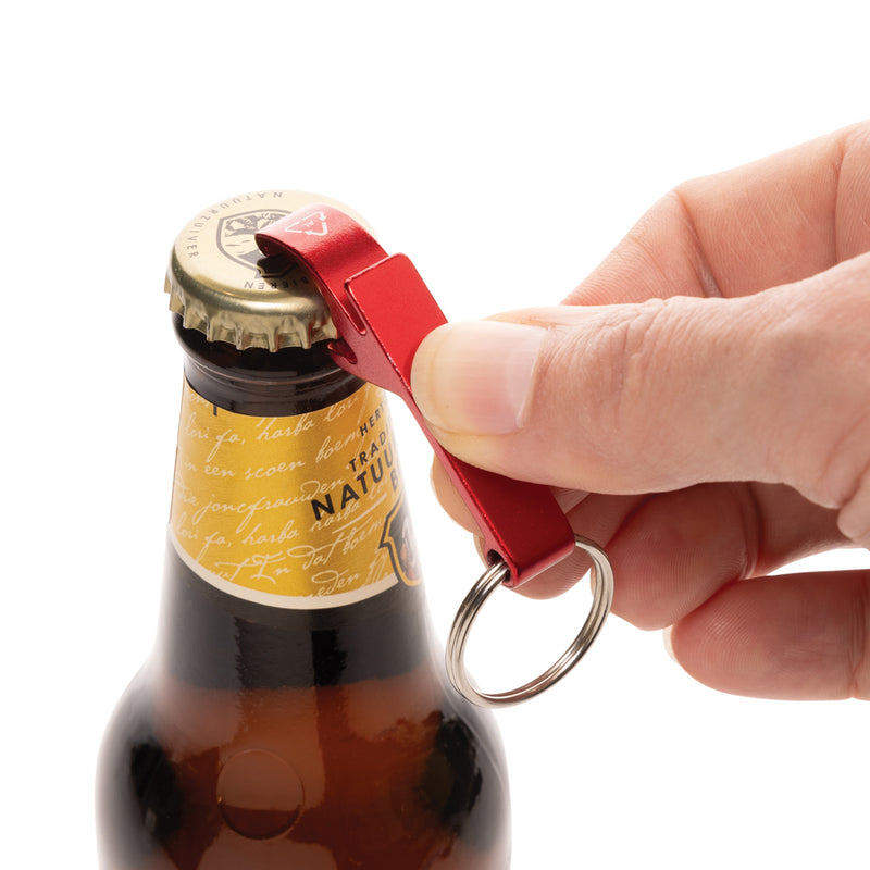 Load image into Gallery viewer, XD Collection RCS recycled aluminum bottle and can opener attached to a lanyard, featuring a sleek, eco-friendly design.
