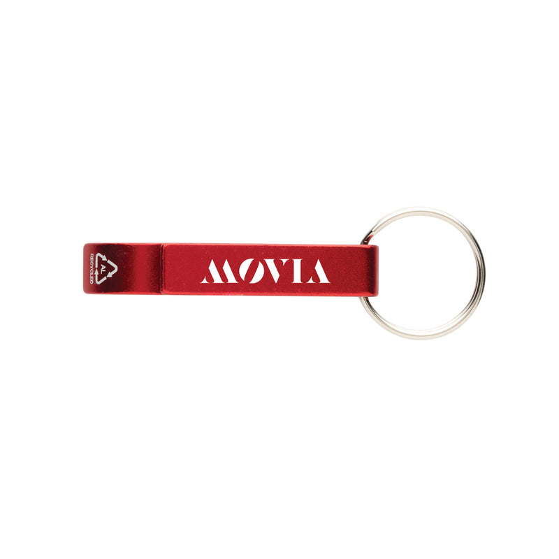Load image into Gallery viewer, Recycled aluminum bottle and can opener attached to XD Collection lanyard with keychain, featuring eco-friendly design and branding.
