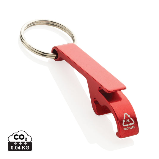 XD Collection RCS recycled aluminum bottle and can opener attached to a lanyard, displayed with keychain features.