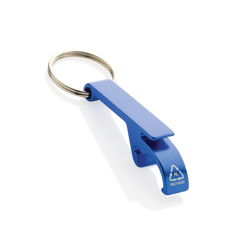 Load image into Gallery viewer, XD Collection RCS recycled aluminum bottle and can opener attached to a keychain on a lanyard, showcasing eco-friendly design.
