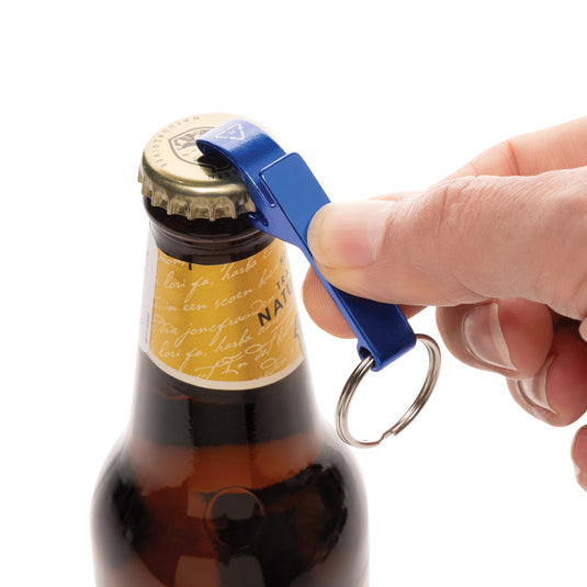 Recycled aluminum bottle and can opener attached to XD Collection lanyard, with keychain design and vibrant colors.