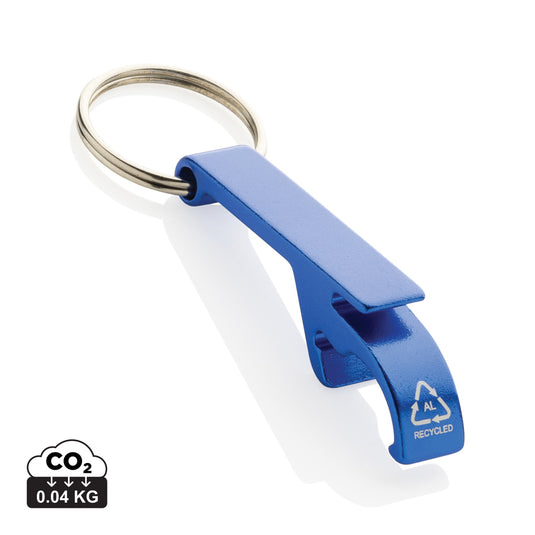 RCS recycled aluminum bottle and can opener attached to XD Collection lanyard, eco-friendly keychain accessory with keyring attachment.