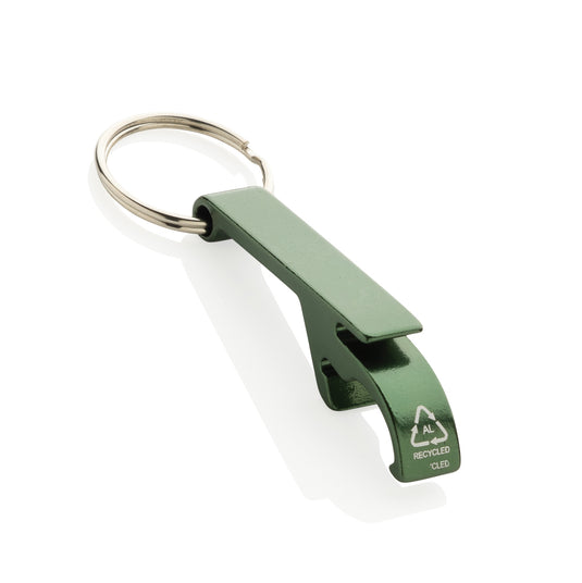 XD Collection RCS recycled aluminum bottle and can opener attached to a lanyard, showing its compact design and eco-friendly material.
