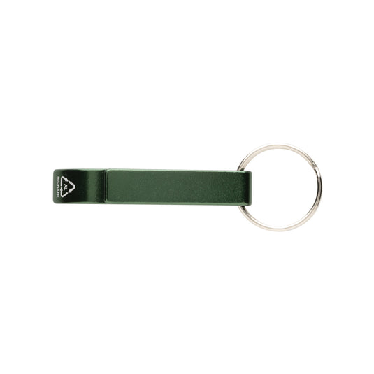 RCS recycled aluminum bottle and can opener attached to XD Collection lanyard or keychain, with a sleek metallic finish.