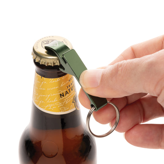 XD Collection RCS recycled aluminum bottle and can opener attached to a keychain on a lanyard, showcasing durable eco-friendly design.