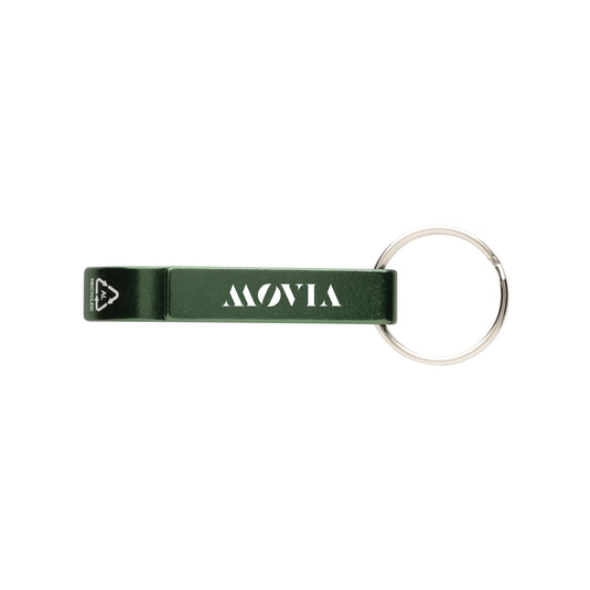 Recycled aluminum bottle and can opener attached to XD Collection lanyard, eco-friendly keychain with metal tool and branding.