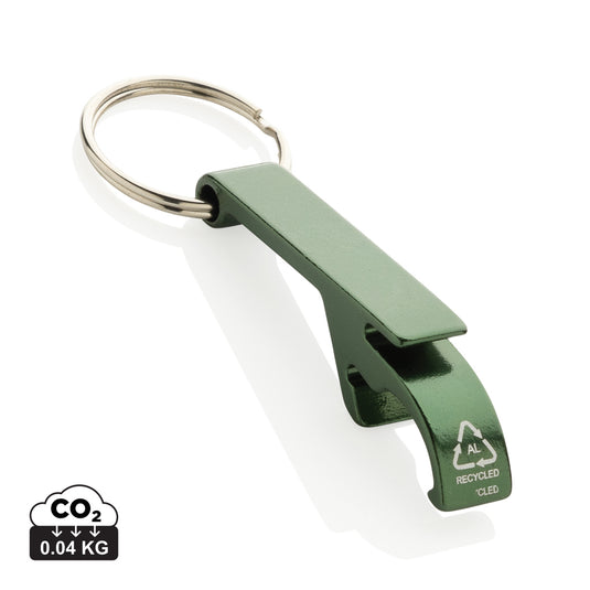 XD Collection recycled aluminum bottle and can opener attached to a lanyard, showcasing a sleek, eco-friendly design.