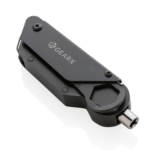 GearX bicycle multi-tool with various wrench and screwdriver attachments, compact and portable for bike repairs.