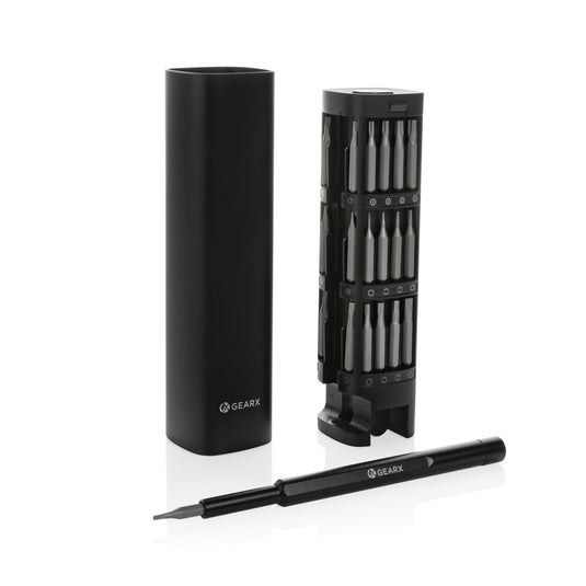 Gear X RCS recycled aluminum precision screwdriver set with 46 pieces, including various screwdriver bits and ergonomic handles.
