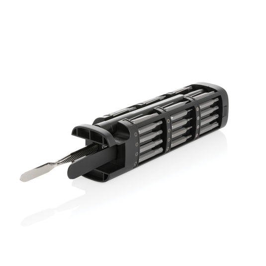 Gear X RCS recycled aluminum precision screwdriver set with 46 tools, featuring ergonomic handles and compact storage case.